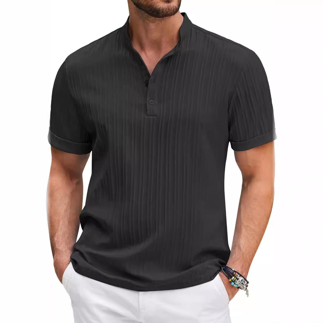 Collar Buttons Short Sleeve T-shirt Solid